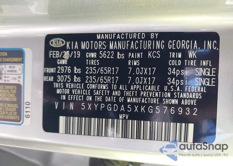 2019 Kia Sorento 3.3L Lx from USA, damaged, VIN 5XYPGDA5XKG576932